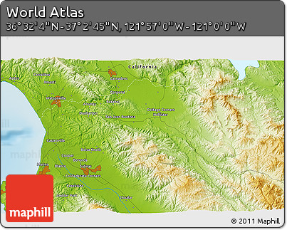 Physical 3D Map of the Area around 36° 47' 25" N, 121° 28' 29" W
