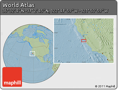 Savanna Style Location Map of the Area around 36° 47' 25" N, 122° 19' 29" W, hill shading