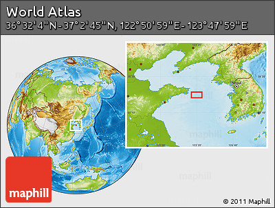 Physical Location Map of the Area around 36° 47' 25" N, 123° 19' 29" E