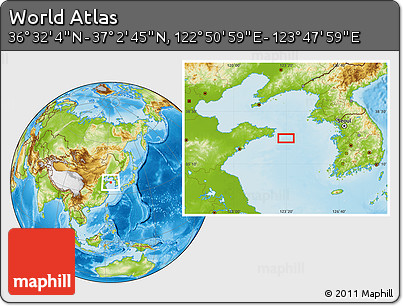 Physical Location Map of the Area around 36° 47' 25" N, 123° 19' 29" E