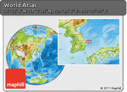 Physical Location Map of the Area around 36° 47' 25" N, 130° 7' 30" E