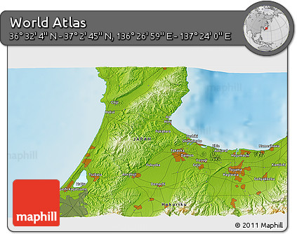 Physical 3D Map of the Area around 36° 47' 25" N, 136° 55' 30" E