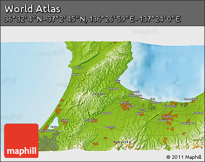 Physical 3D Map of the Area around 36° 47' 25" N, 136° 55' 30" E