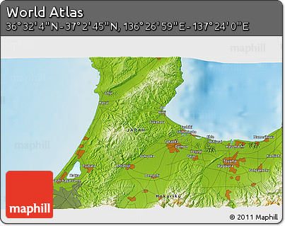 Physical 3D Map of the Area around 36° 47' 25" N, 136° 55' 30" E