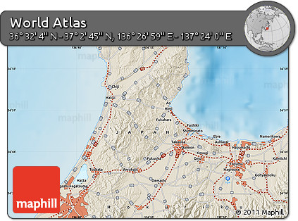 Shaded Relief Map of the Area around 36° 47' 25" N, 136° 55' 30" E