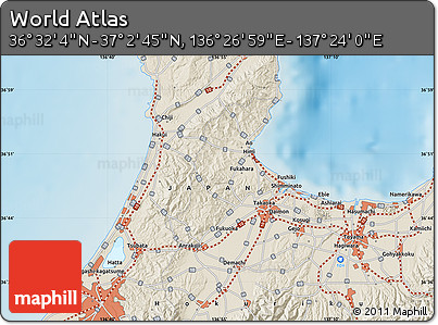 Shaded Relief Map of the Area around 36° 47' 25" N, 136° 55' 30" E