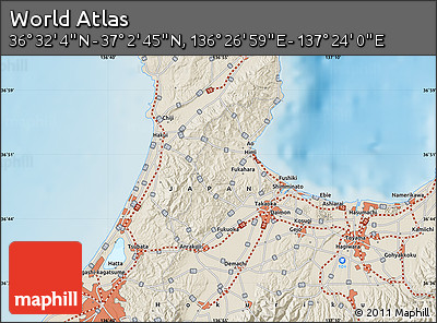 Shaded Relief Map of the Area around 36° 47' 25" N, 136° 55' 30" E