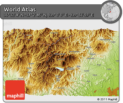 Physical 3D Map of the Area around 36° 47' 25" N, 139° 28' 29" E