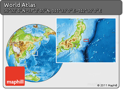 Physical Location Map of the Area around 36° 47' 25" N, 142° 1' 30" E