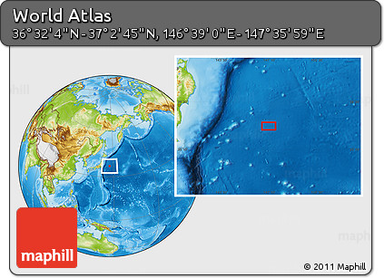 Physical Location Map of the Area around 36° 47' 25" N, 147° 7' 30" E