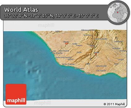 Satellite 3D Map of the Area around 36° 47' 25" N, 14° 31' 30" E