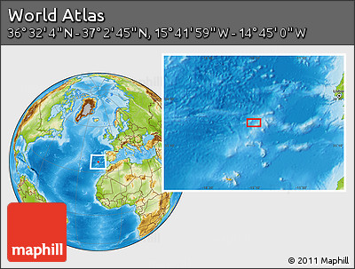 Physical Location Map of the Area around 36° 47' 25" N, 15° 13' 29" W