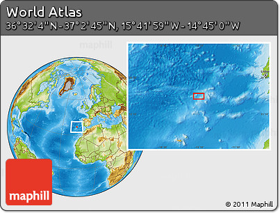 Physical Location Map of the Area around 36° 47' 25" N, 15° 13' 29" W