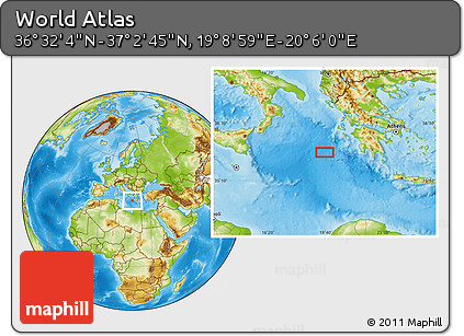Physical Location Map of the Area around 36° 47' 25" N, 19° 37' 30" E