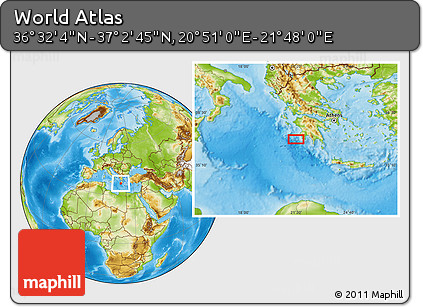 Physical Location Map of the Area around 36° 47' 25" N, 21° 19' 30" E