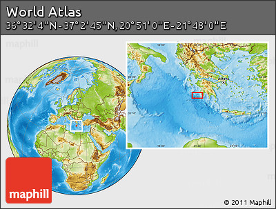 Physical Location Map of the Area around 36° 47' 25" N, 21° 19' 30" E