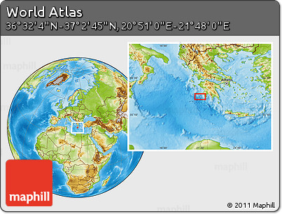 Physical Location Map of the Area around 36° 47' 25" N, 21° 19' 30" E