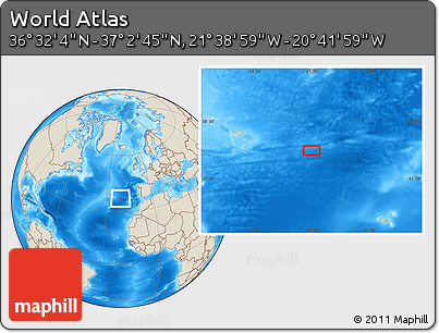 Shaded Relief Location Map of the Area around 36° 47' 25" N, 21° 10' 29" W