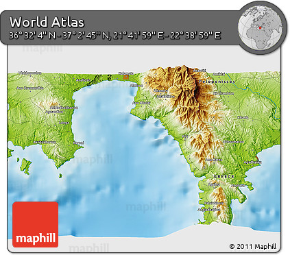 Physical 3D Map of the Area around 36° 47' 25" N, 22° 10' 29" E