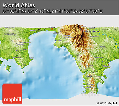 Physical 3D Map of the Area around 36° 47' 25" N, 22° 10' 29" E