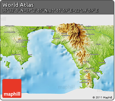 Physical 3D Map of the Area around 36° 47' 25" N, 22° 10' 29" E