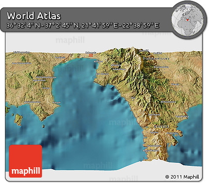 Satellite 3D Map of the Area around 36° 47' 25" N, 22° 10' 29" E