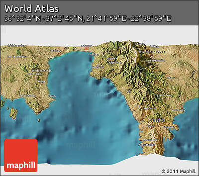 Satellite 3D Map of the Area around 36° 47' 25" N, 22° 10' 29" E