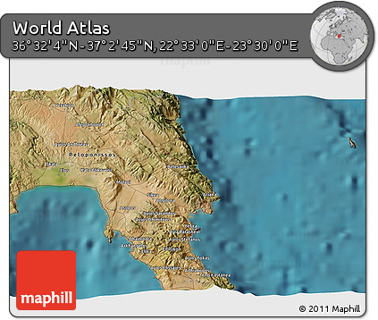 Satellite 3D Map of the Area around 36° 47' 25" N, 23° 1' 29" E