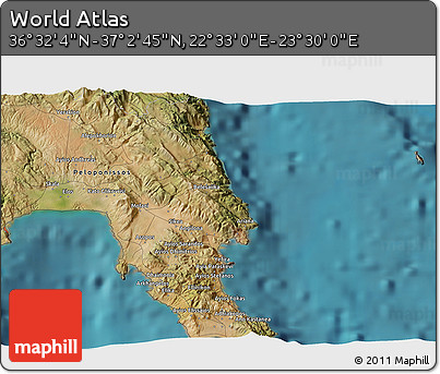 Satellite 3D Map of the Area around 36° 47' 25" N, 23° 1' 29" E