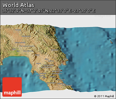 Satellite 3D Map of the Area around 36° 47' 25" N, 23° 1' 29" E