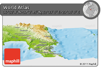 Physical Panoramic Map of the Area around 36° 47' 25" N, 23° 1' 29" E