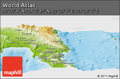 Physical Panoramic Map of the Area around 36° 47' 25" N, 23° 1' 29" E