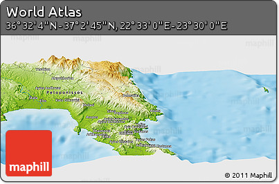 Physical Panoramic Map of the Area around 36° 47' 25" N, 23° 1' 29" E