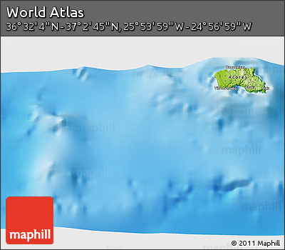 Physical 3D Map of the Area around 36° 47' 25" N, 25° 25' 29" W