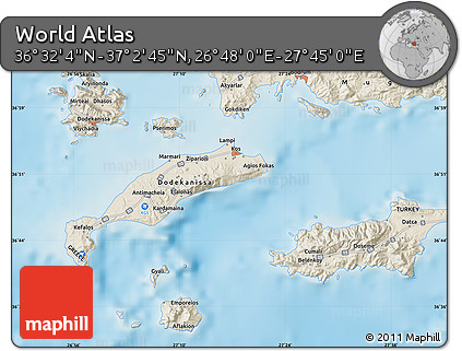 Shaded Relief Map of the Area around 36° 47' 25" N, 27° 16' 29" E
