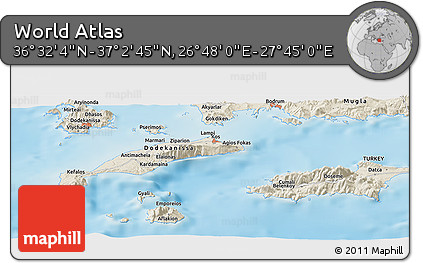 Shaded Relief Panoramic Map of the Area around 36° 47' 25" N, 27° 16' 29" E