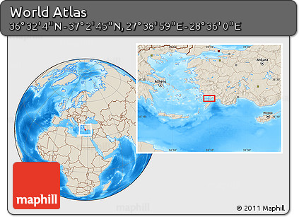 Shaded Relief Location Map of the Area around 36° 47' 25" N, 28° 7' 30" E