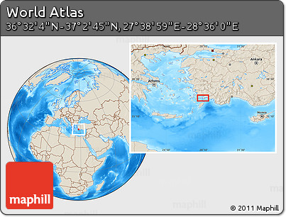Shaded Relief Location Map of the Area around 36° 47' 25" N, 28° 7' 30" E