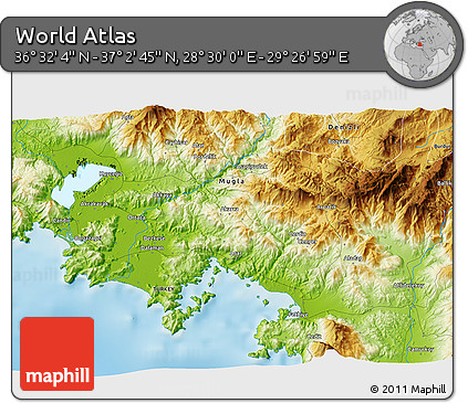 Physical 3D Map of the Area around 36° 47' 25" N, 28° 58' 30" E