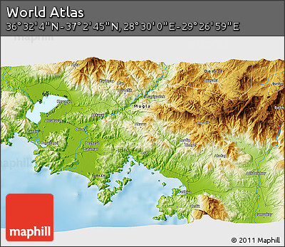 Physical 3D Map of the Area around 36° 47' 25" N, 28° 58' 30" E