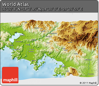 Physical 3D Map of the Area around 36° 47' 25" N, 28° 58' 30" E