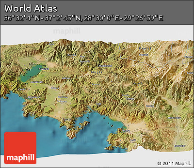 Satellite 3D Map of the Area around 36° 47' 25" N, 28° 58' 30" E