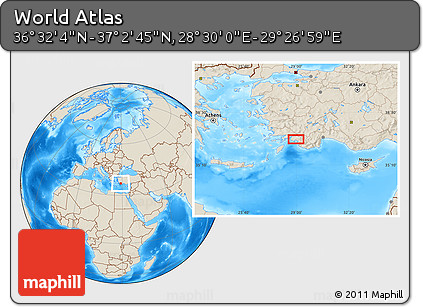 Shaded Relief Location Map of the Area around 36° 47' 25" N, 28° 58' 30" E