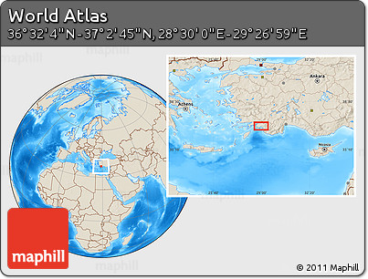 Shaded Relief Location Map of the Area around 36° 47' 25" N, 28° 58' 30" E