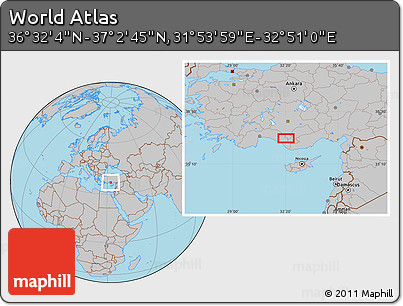 Gray Location Map of the Area around 36° 47' 25" N, 32° 22' 30" E