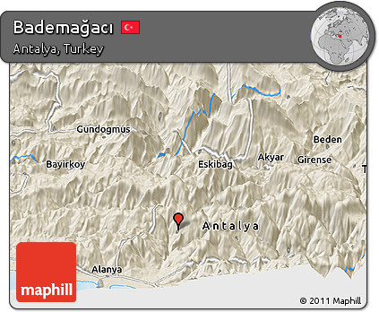 Shaded Relief Panoramic Map of Bademağacı