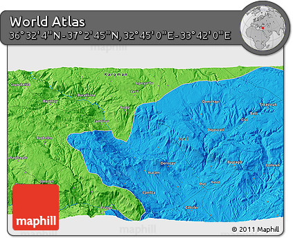 Political 3D Map of the Area around 36° 47' 25" N, 33° 13' 30" E