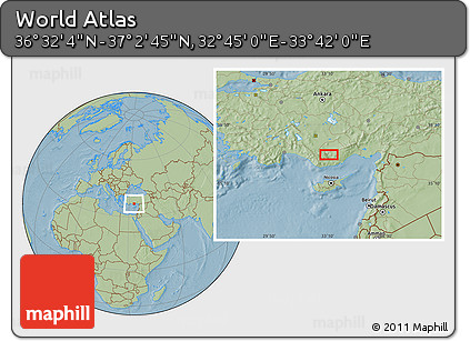 Savanna Style Location Map of the Area around 36° 47' 25" N, 33° 13' 30" E, hill shading