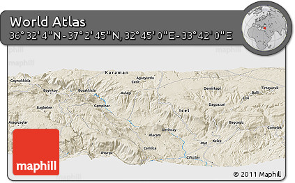 Shaded Relief Panoramic Map of the Area around 36° 47' 25" N, 33° 13' 30" E