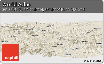 Shaded Relief Panoramic Map of the Area around 36° 47' 25" N, 33° 13' 30" E
